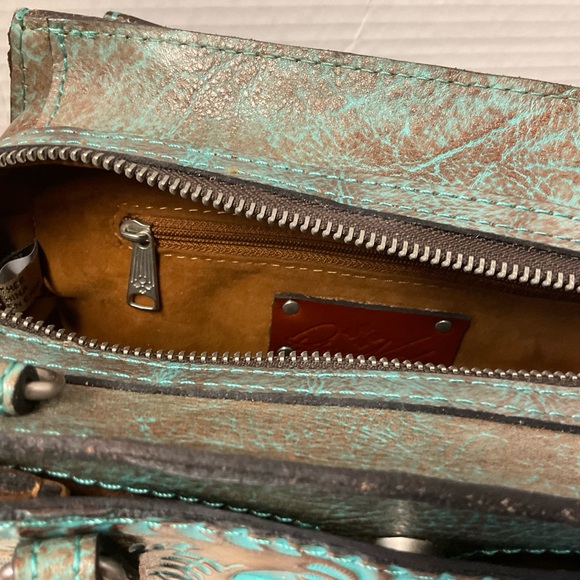 Patricia Nash Bag Satchel Crossbody Detachable Strap Turquoise Embossed Purse - Picture 9 of 13